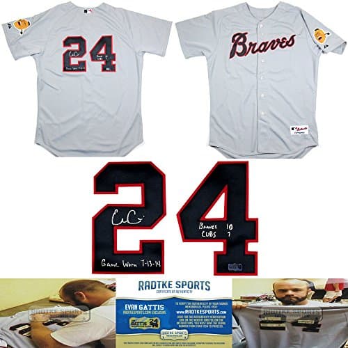 Evan Gattis Autographed/Signed Game Worn Atlanta Braves Road Throwback Chief Noc-a-homa Authentic MLB Jersey with “Game Worn 7-13-14” & “Braves 10 Cubs 7” Inscription Jersey evan-gattis-game-worn-atlanta-braves, Chicago Cubs, supplier stock photo