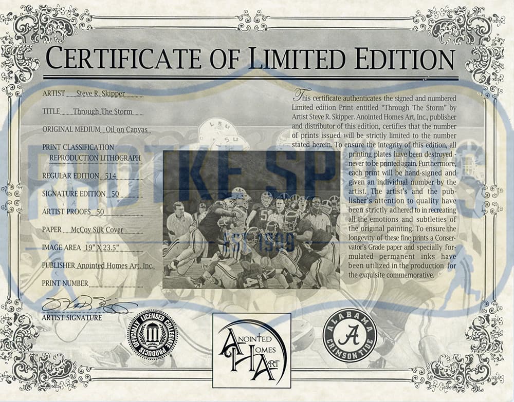 Steve Skipper Collection A/P “Through the Storm” BCS Championship Game Unframed Lithograph Print Signed by the Artist and 5 Players – LE of 50 Photo steve-skipper-collection-through-storm-bcs, view 3, supplier stock photo