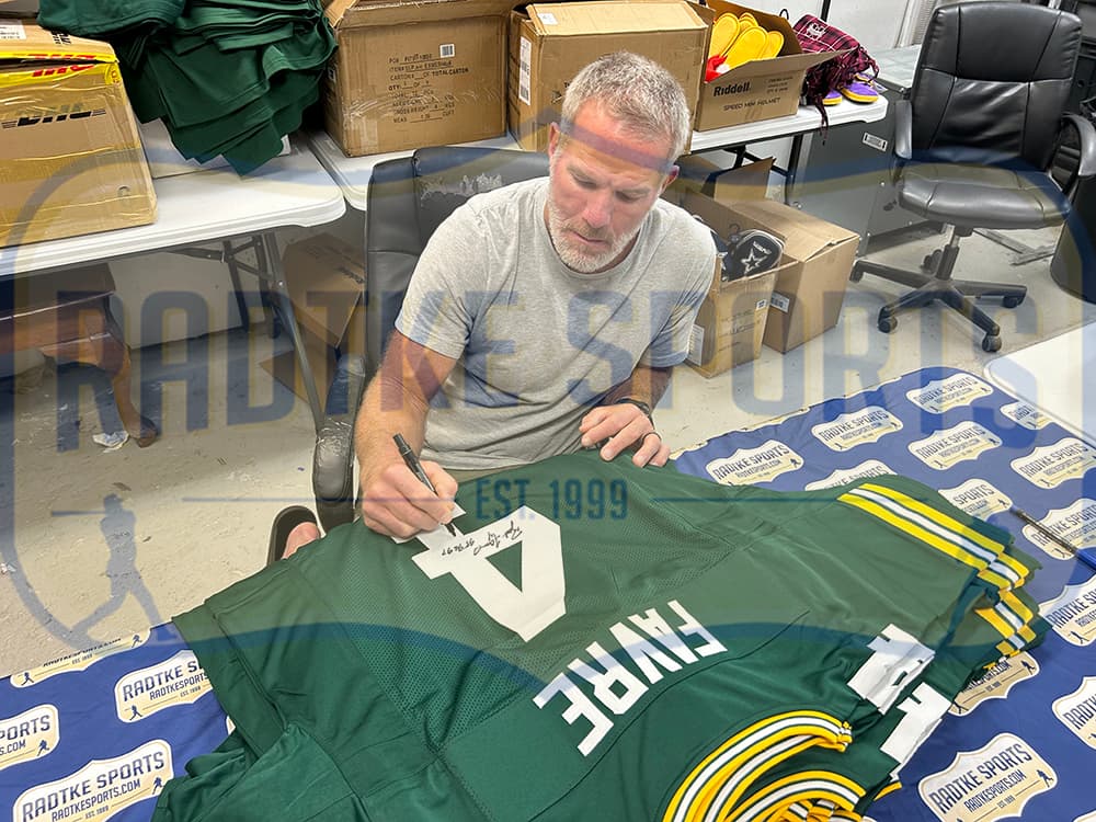 Brett Favre Signed Green Bay Custom Green Jersey With “95, 96, 97 NFL MVP” Inscription Brett Favre Jersey brett-favre-green-bay-95-96, Green Bay Packers, view 3, supplier stock photo