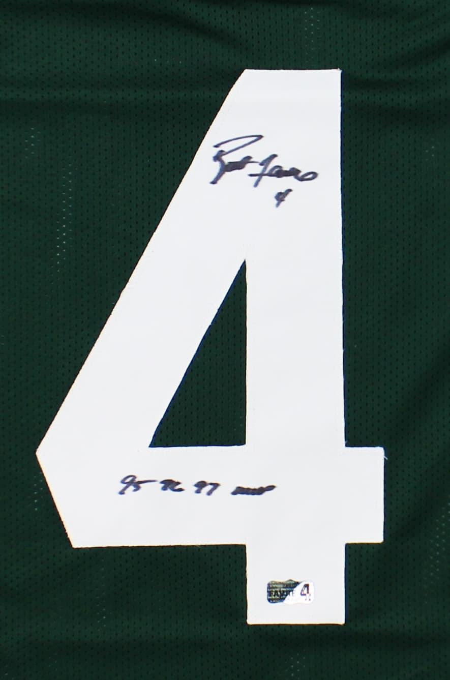 Brett Favre Signed Green Bay Custom Green Jersey With “95, 96, 97 NFL MVP” Inscription Brett Favre Jersey brett-favre-green-bay-95-96, Green Bay Packers, view 2, supplier stock photo