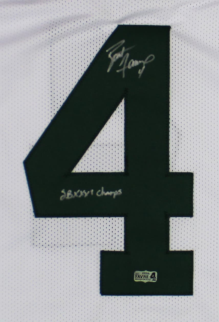 Brett Favre Signed Green Bay White Custom Jersey With “SB XXXI Champ” Inscription Brett Favre Jersey brett-favre-green-bay-white-sb, Green Bay Packers, view 2, supplier stock photo