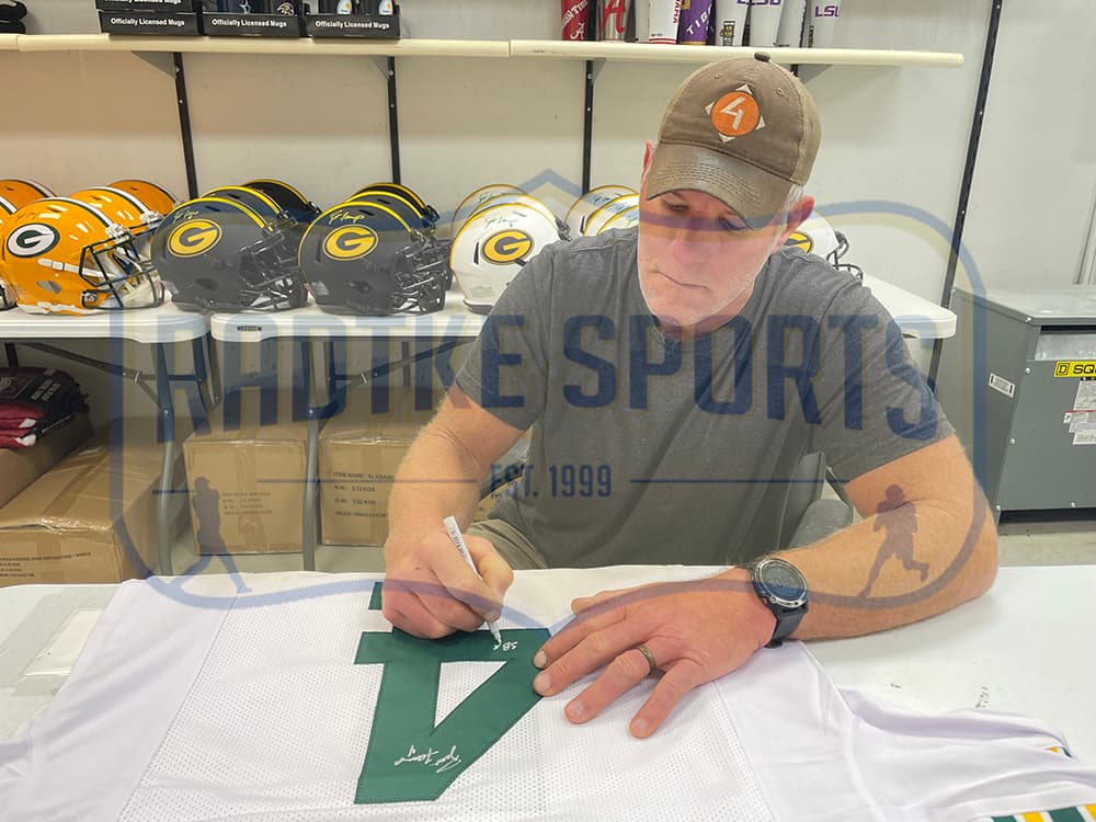 Brett Favre Signed Green Bay White Custom Jersey With “SB XXXI Champ” Inscription Brett Favre Jersey brett-favre-green-bay-white-sb, Green Bay Packers, view 3, supplier stock photo