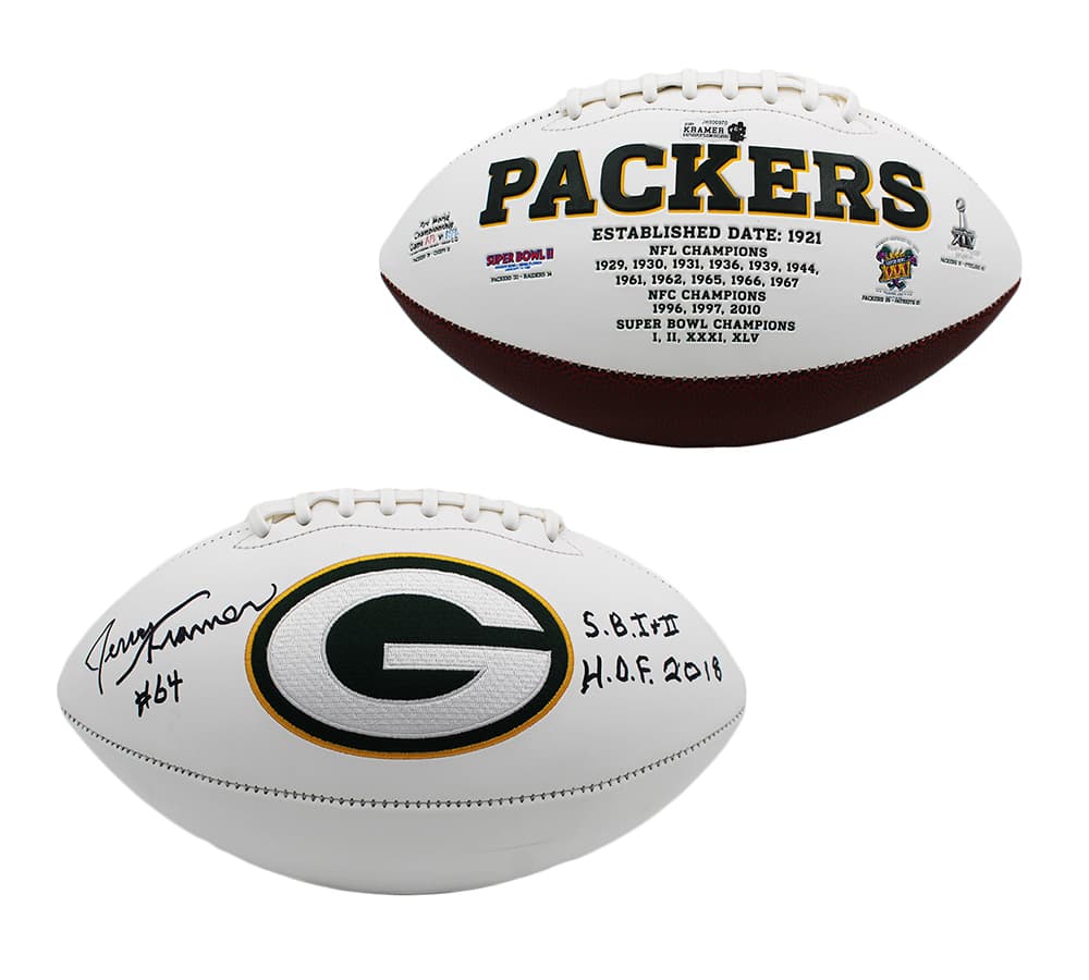 Jerry Kramer Signed Green Bay Packers Embroidered White NFL Football with “S.B. I & II, HOF 2018” Inscription Jerry Kramer Ball jerry-kramer-green-bay-packers-embroidered, Green Bay Packers, supplier stock photo