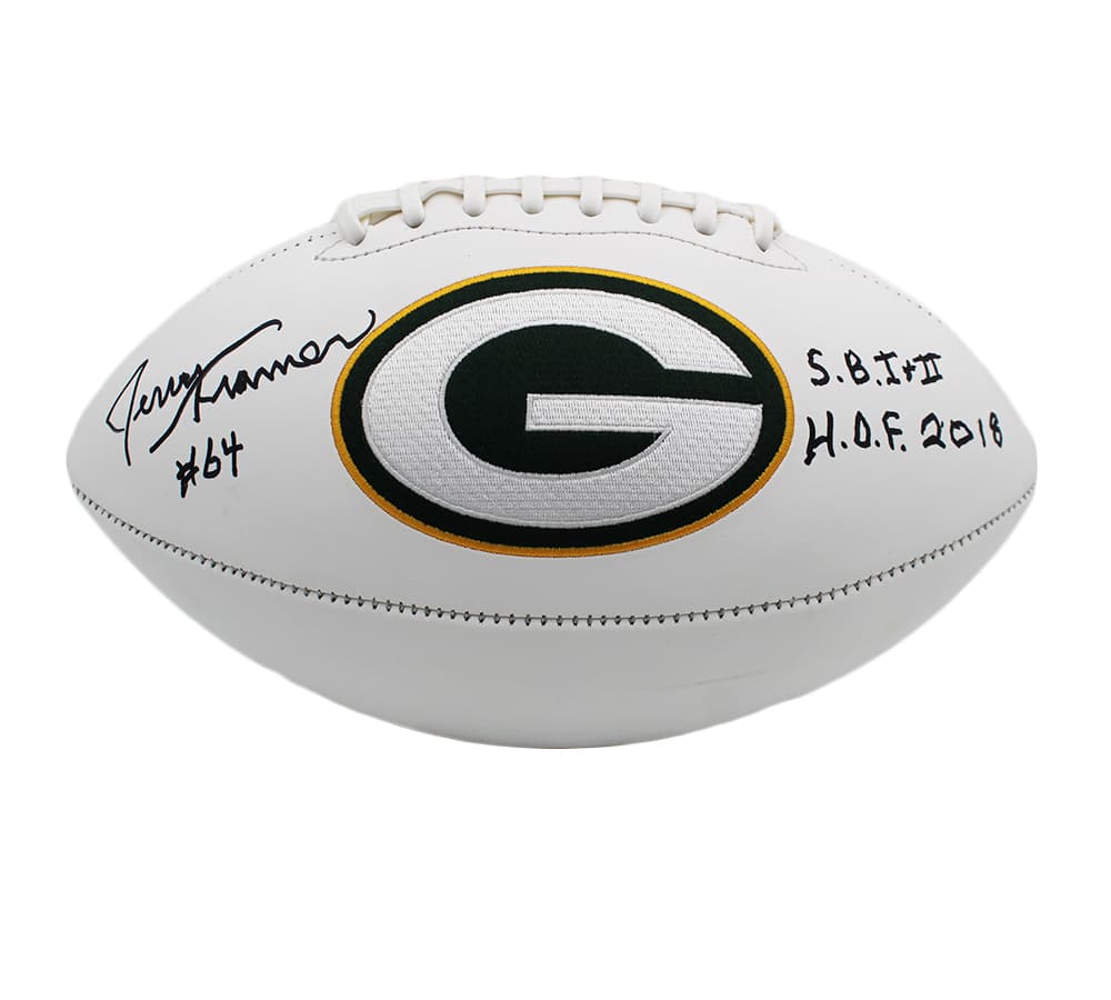 Jerry Kramer Signed Green Bay Packers Embroidered White NFL Football with “S.B. I & II, HOF 2018” Inscription Jerry Kramer Ball jerry-kramer-green-bay-packers-embroidered, Green Bay Packers, view 2, supplier stock photo