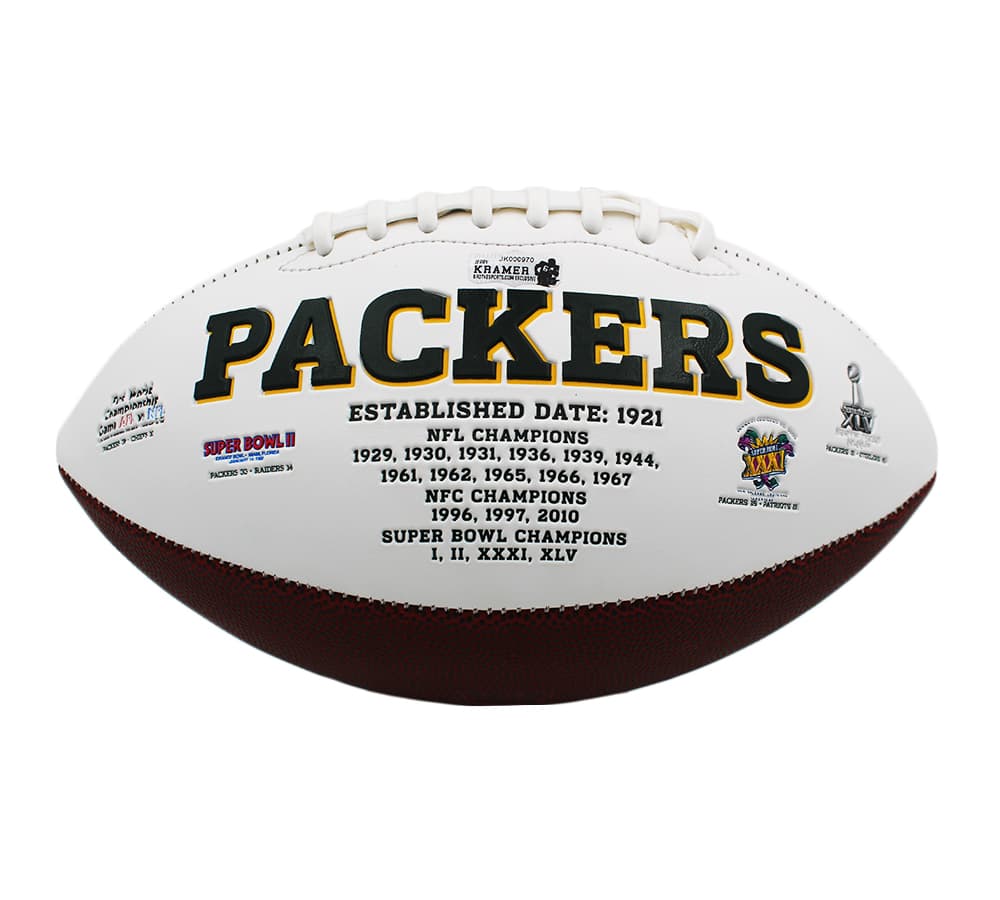 Jerry Kramer Signed Green Bay Packers Embroidered White NFL Football with “S.B. I & II, HOF 2018” Inscription Jerry Kramer Ball jerry-kramer-green-bay-packers-embroidered, Green Bay Packers, view 3, supplier stock photo