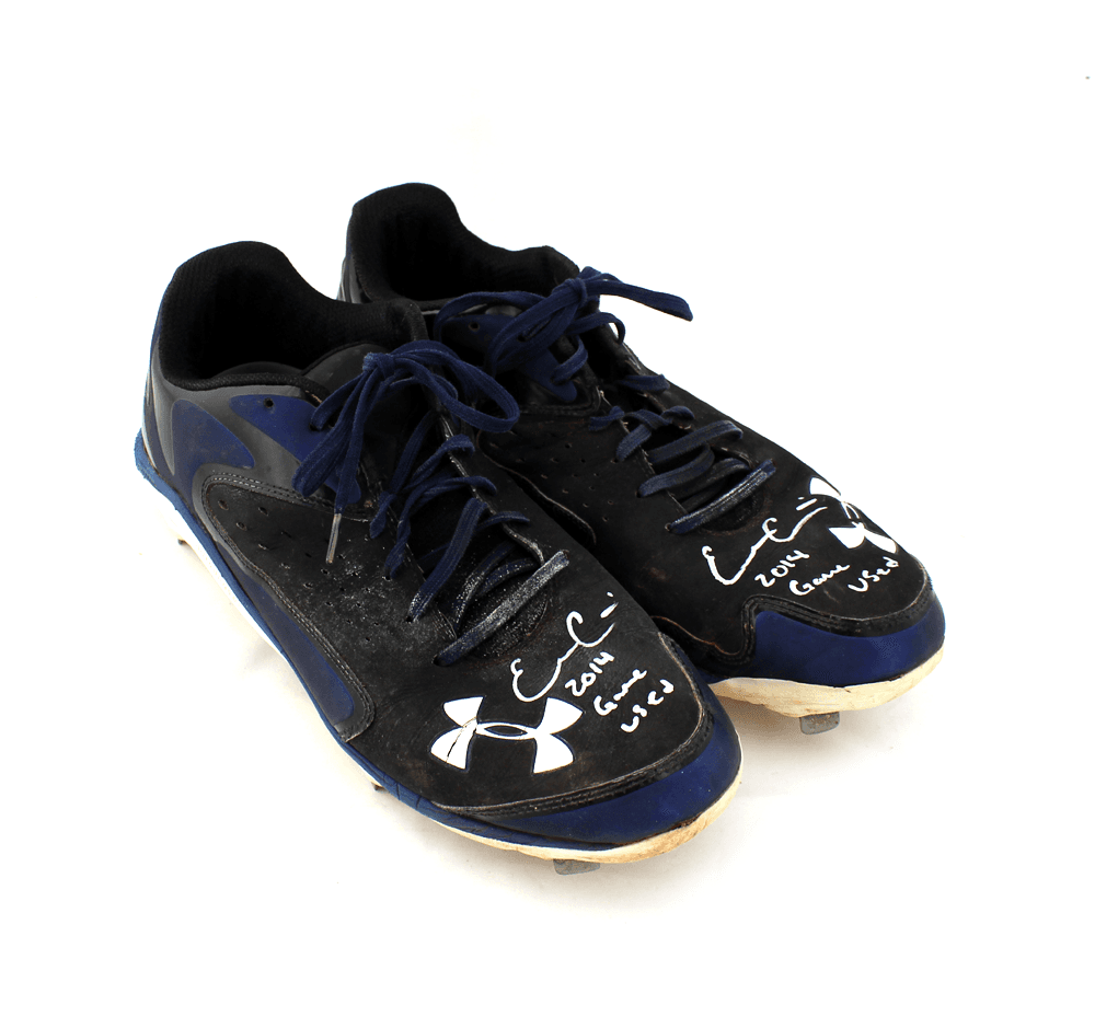 Evan Gattis Signed Game Used Blue & Black Under Armor Cleats with “2014 Game Used’ Inscription Evan Gattis Other evan-gattis-game-used-blue-black, view 2, supplier stock photo