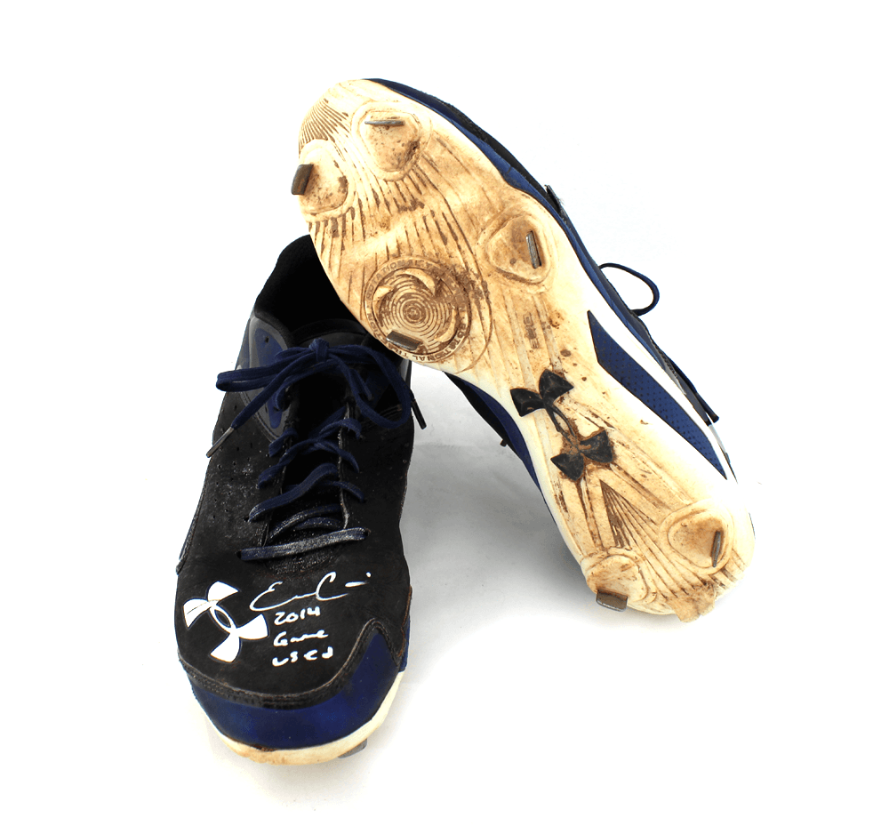 Evan Gattis Signed Game Used Blue & Black Under Armor Cleats with “2014 Game Used’ Inscription Evan Gattis Other evan-gattis-game-used-blue-black, view 3, supplier stock photo