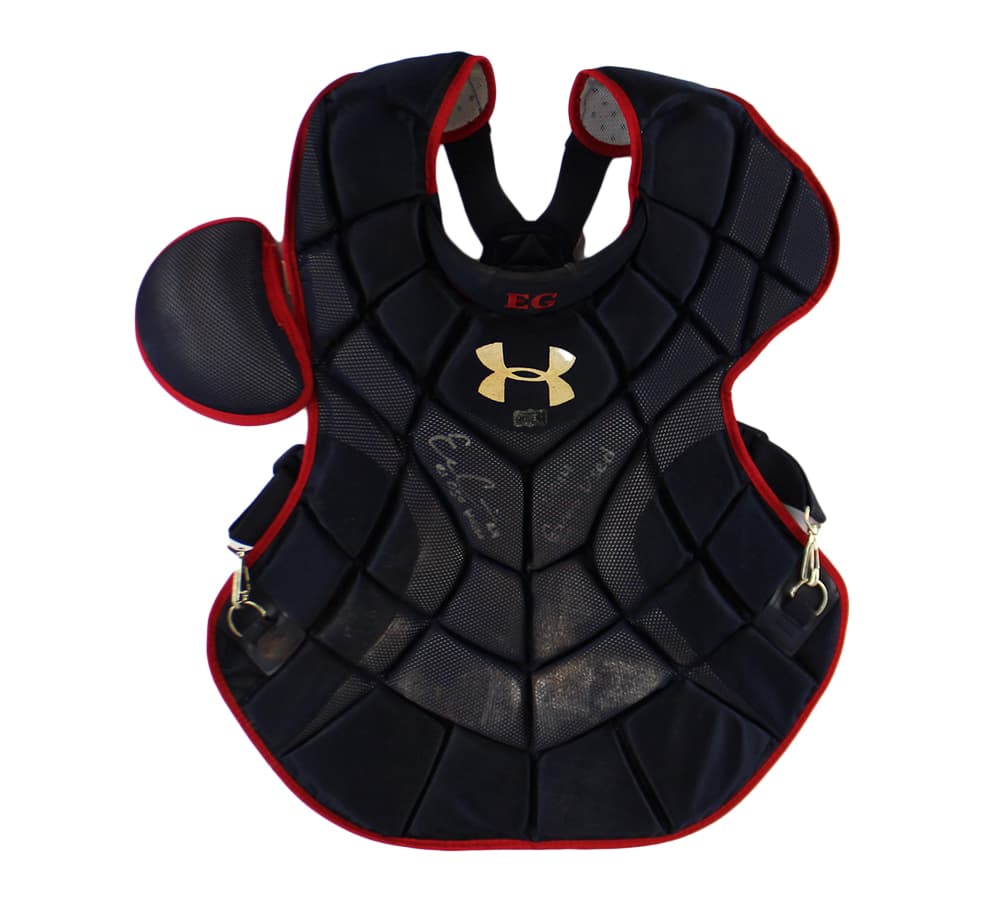 Evan Gattis Signed Game Used Red & Navy Under Armor Catchers Gear with “El Oso Blanco” & “2014 Game Used” Inscription Other evan-gattis-game-used-red-navy, view 3, supplier stock photo