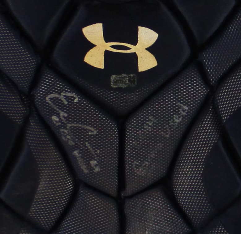 Evan Gattis Signed Game Used Red & Navy Under Armor Catchers Gear with “El Oso Blanco” & “2014 Game Used” Inscription Other evan-gattis-game-used-red-navy, view 4, supplier stock photo