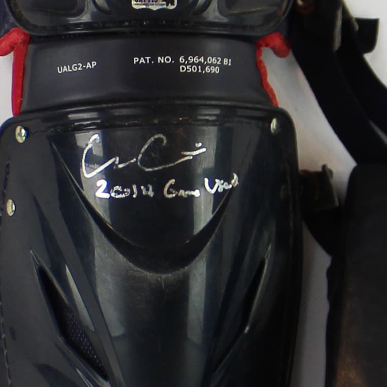 Evan Gattis Signed Game Used Red & Navy Under Armor Catchers Gear with “El Oso Blanco” & “2014 Game Used” Inscription Other evan-gattis-game-used-red-navy, view 10, supplier stock photo