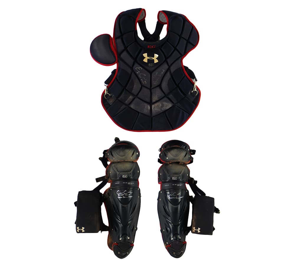 Evan Gattis Signed Game Used Red & Navy Under Armor Catchers Gear with “El Oso Blanco” & “2014 Game Used” Inscription Other evan-gattis-game-used-red-navy, supplier stock photo
