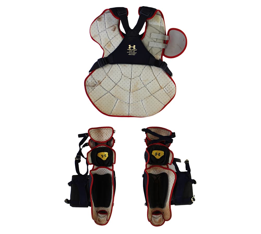 Evan Gattis Signed Game Used Red & Navy Under Armor Catchers Gear with “El Oso Blanco” & “2014 Game Used” Inscription Other evan-gattis-game-used-red-navy, view 2, supplier stock photo
