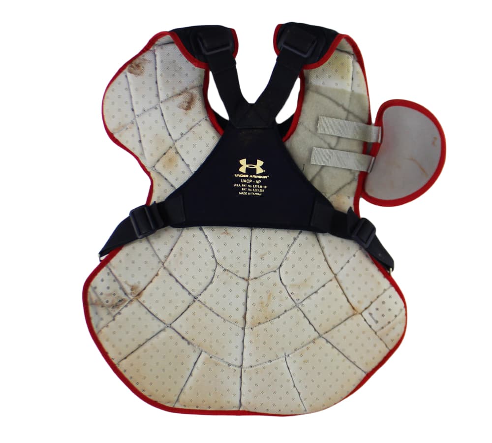 Evan Gattis Signed Game Used Red & Navy Under Armor Catchers Gear with “El Oso Blanco” & “2014 Game Used” Inscription Other evan-gattis-game-used-red-navy, view 5, supplier stock photo