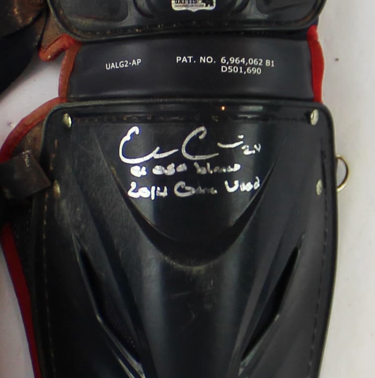 Evan Gattis Signed Game Used Red & Navy Under Armor Catchers Gear with “El Oso Blanco” & “2014 Game Used” Inscription Other evan-gattis-game-used-red-navy, view 7, supplier stock photo