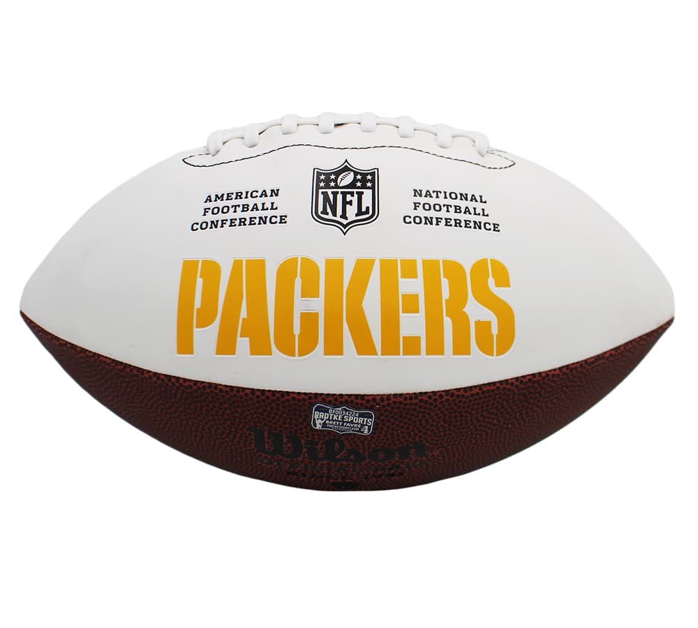 Brett Favre Signed Green Bay Packers Embroidered Logo White Panel NFL Football Brett Favre Ball brett-favre-green-bay-packers-embroidered, Green Bay Packers, view 3, supplier stock photo