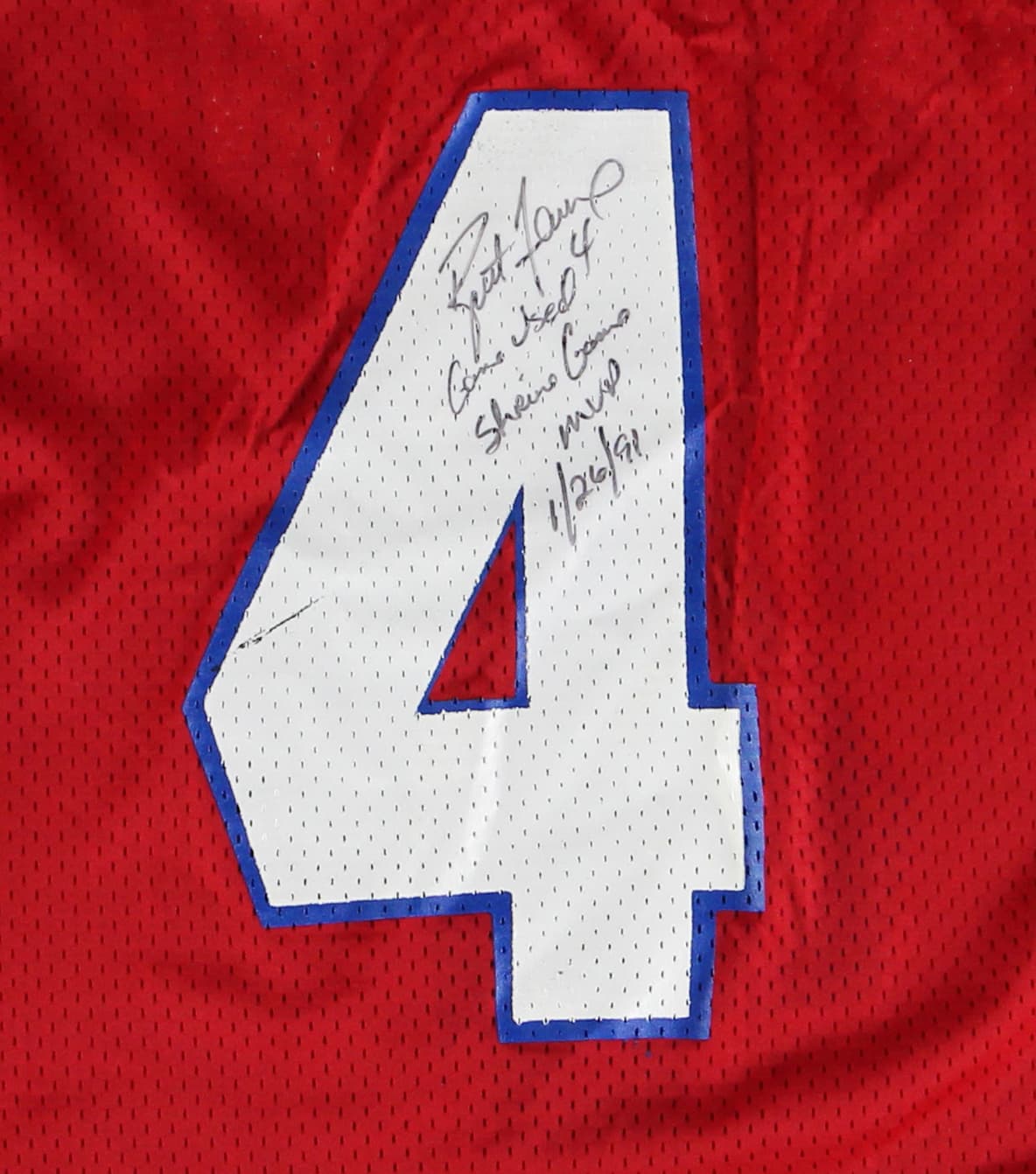 Brett Favre Signed East Shrine Authentic Game Worn Red Jersey with “Game Used Shrine Game MVP 1/26/91” Inscription Brett Favre Jersey brett-favre-east-shrine-game-worn, Green Bay Packers, view 3, supplier stock photo