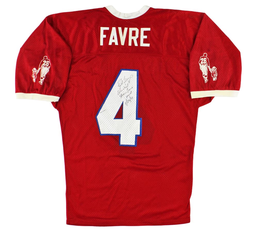 Brett Favre Signed East Shrine Authentic Game Worn Red Jersey with “Game Used Shrine Game MVP 1/26/91” Inscription Brett Favre Jersey brett-favre-east-shrine-game-worn, Green Bay Packers, supplier stock photo